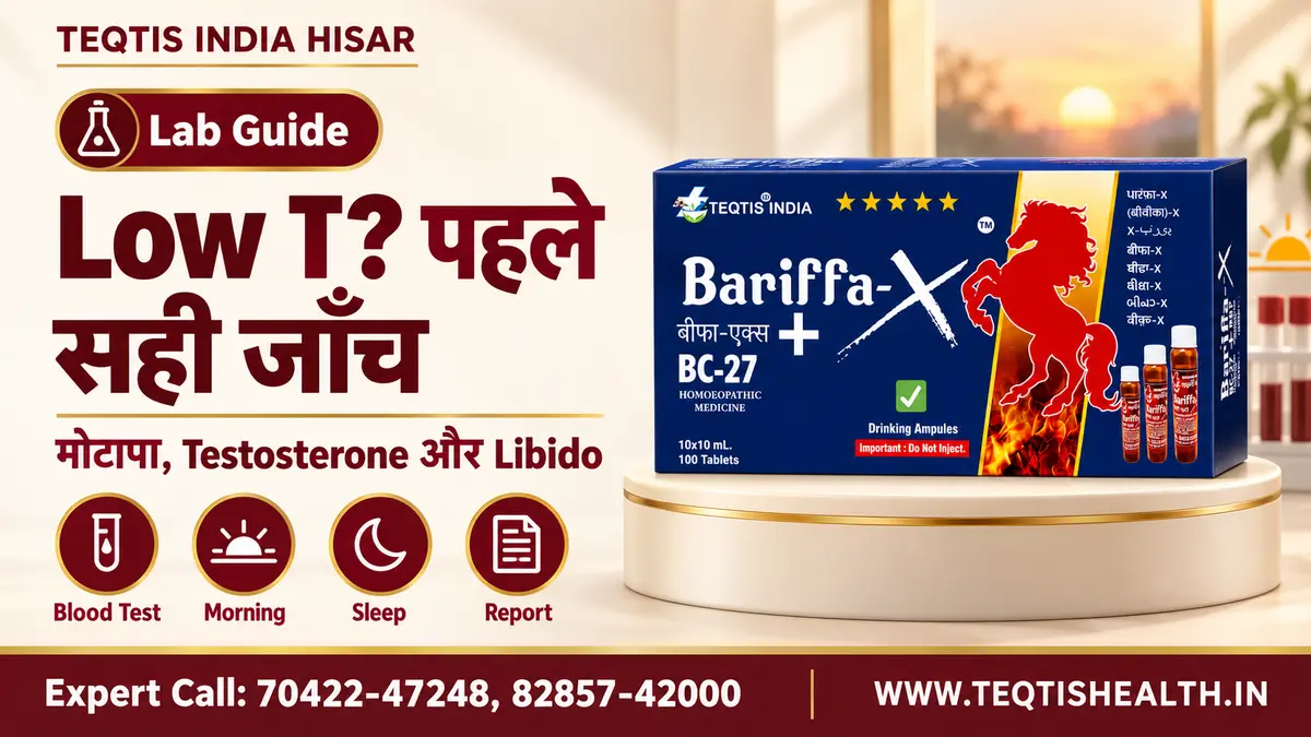 मोटापा और low testosterone जाँच का featured image: test tube, sunrise, sleep, report icons और Bariffa-X BC27 pack