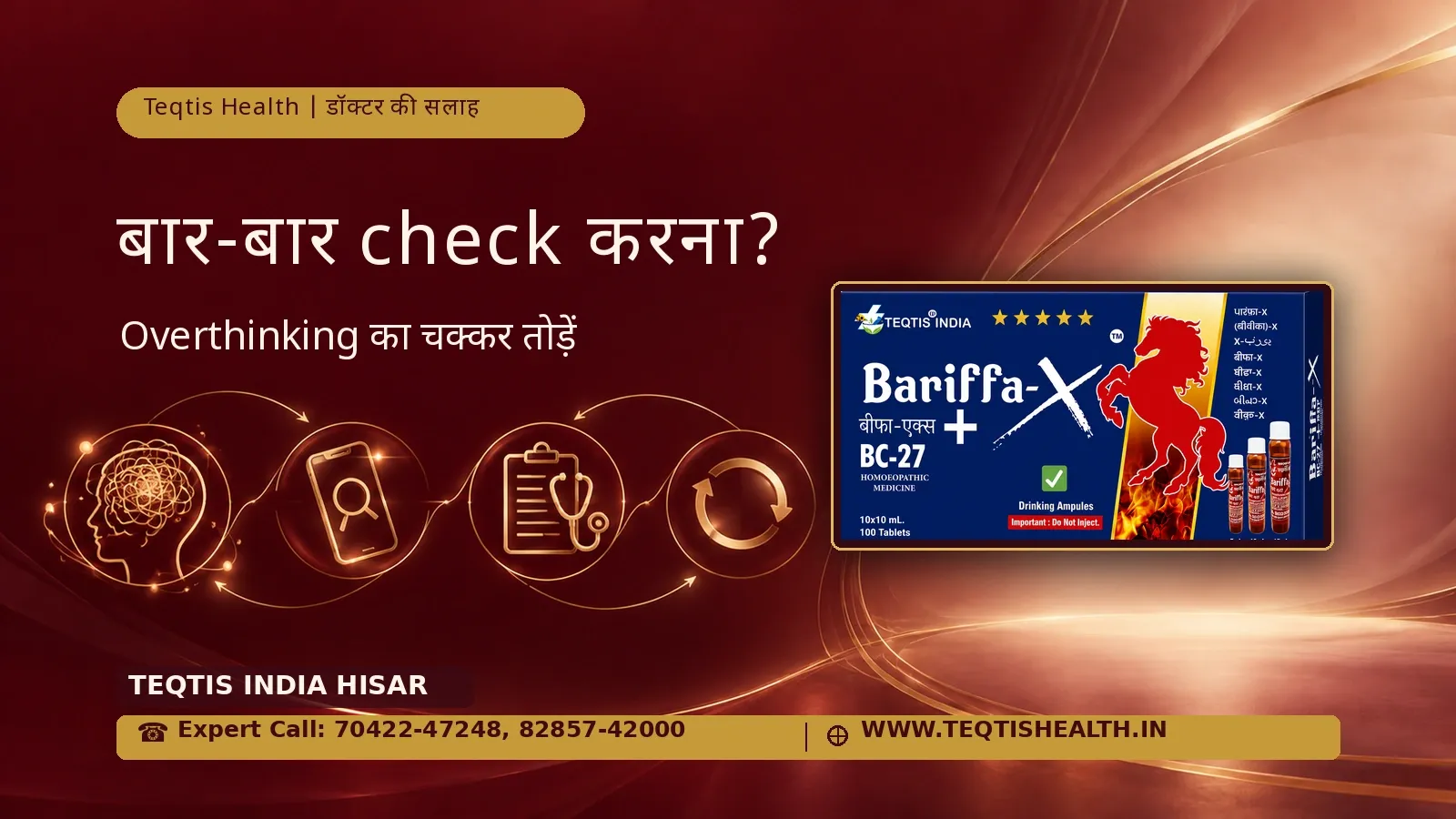 Erection checking और overthinking का चक्कर — search, loop, note और doctor के icons, हल्का loop arrow और Bariffa-X BC27 pack