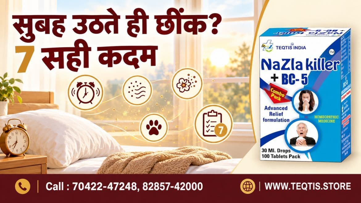 सुबह उठते ही छींक — सुबह की धूप में बेडरूम, धूल के कण, 7 कदम की checklist और Nazla Killer BC5 का पैक