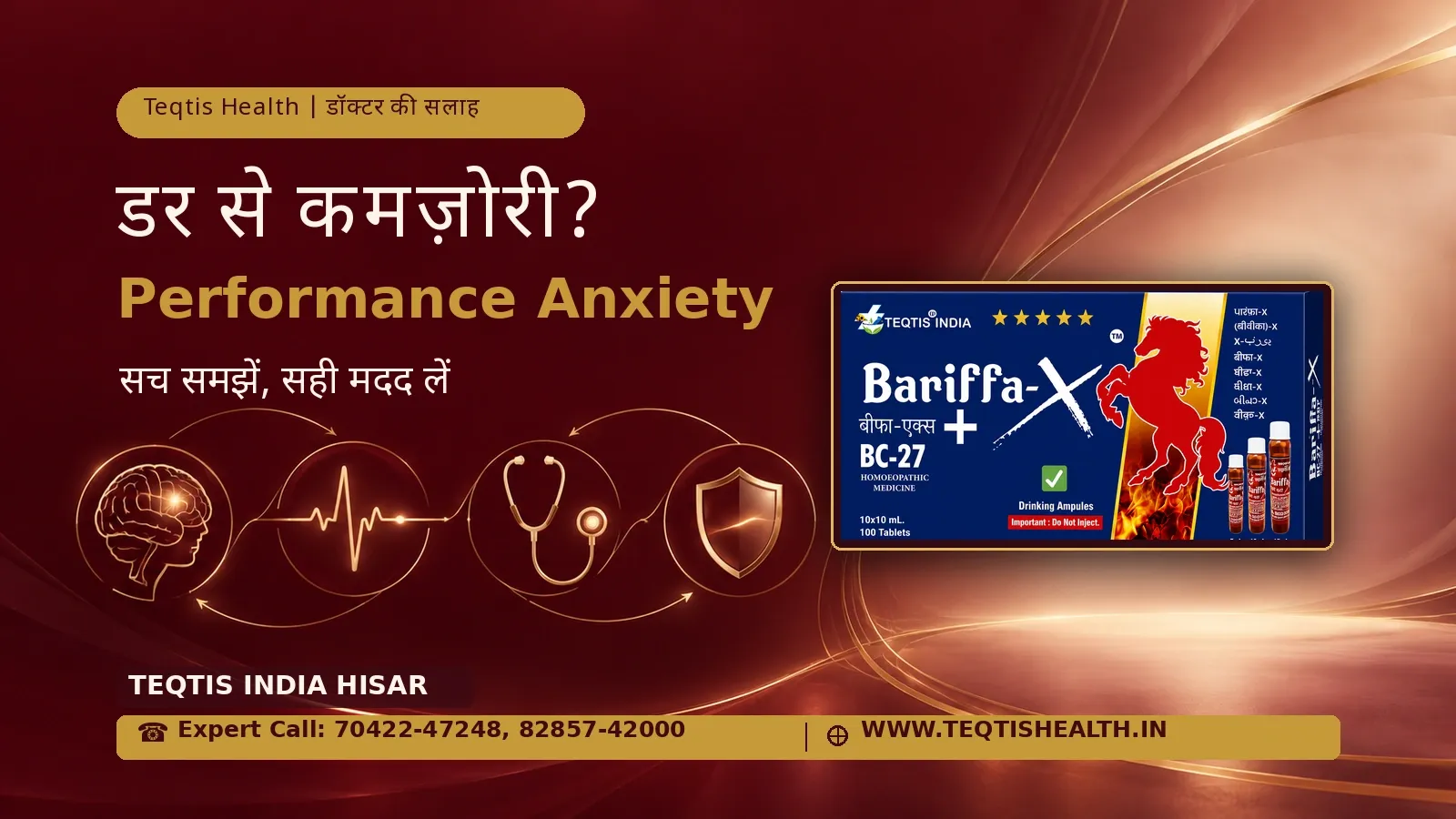 Performance anxiety erection problem गाइड — mind, heart, doctor, talk के icons, टूटता डर-चक्र और Bariffa-X BC27 pack