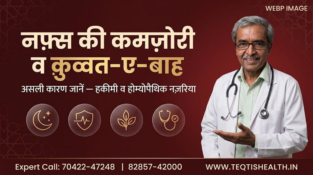 नफ़्स की कमज़ोरी और क़ुव्वत-ए-बाह की कमी को समझने के लिए ज़रूरी है कि पहले इसके असली कारण पहचाने जाएँ — नींद, हार्मोन, ख़ुराक और मानसिक तनाव, चारों की अपनी भूमिका है। नीचे दिए चित्र में हकीमी परंपरा और आधुनिक चिकित्सा — दोनों नज़रियों का सार एक साथ दिखाया गया है। नफ़्स की कमज़ोरी और क़ुव्वत-ए-बाह के असली कारण — हकीमी व होम्योपैथिक नज़रिया, Dr. सतीश शर्मा DHMS, Teqtis Health हिसार हरियाणा
