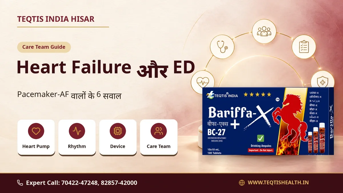 Heart failure और ED: pacemaker-AF वालों के 6 सवाल — Heart Pump, Rhythm, Device, Care Team icons और homeopathic box