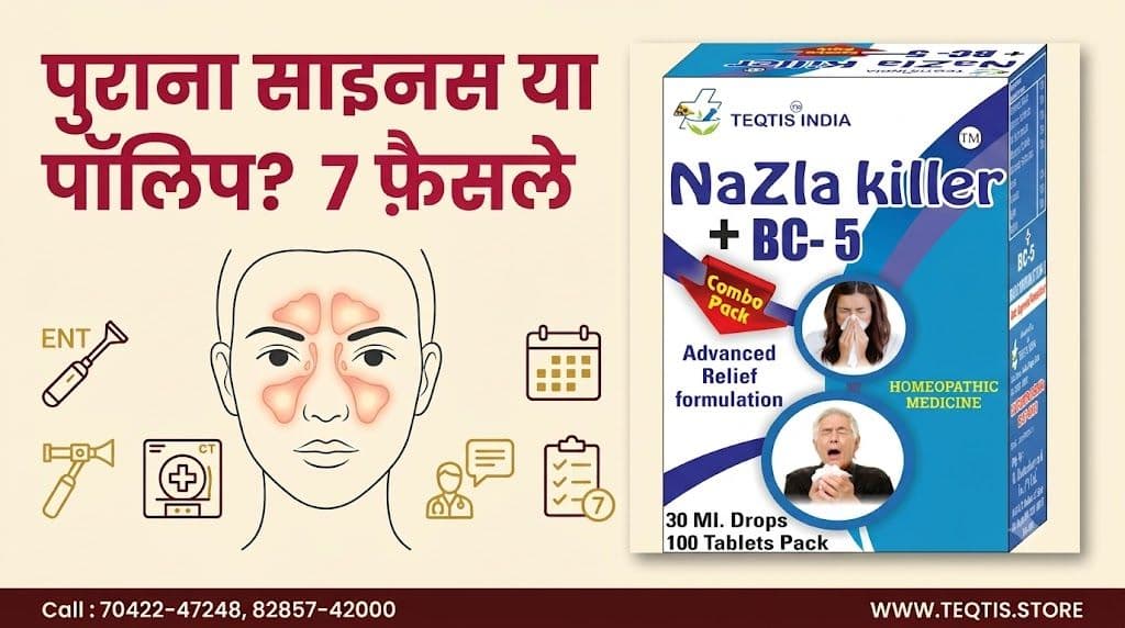 पुराना साइनस और नाक के पॉलिप — साइनस का चित्र, endoscopy व CT scan के icons और Nazla Killer BC5 का पैक