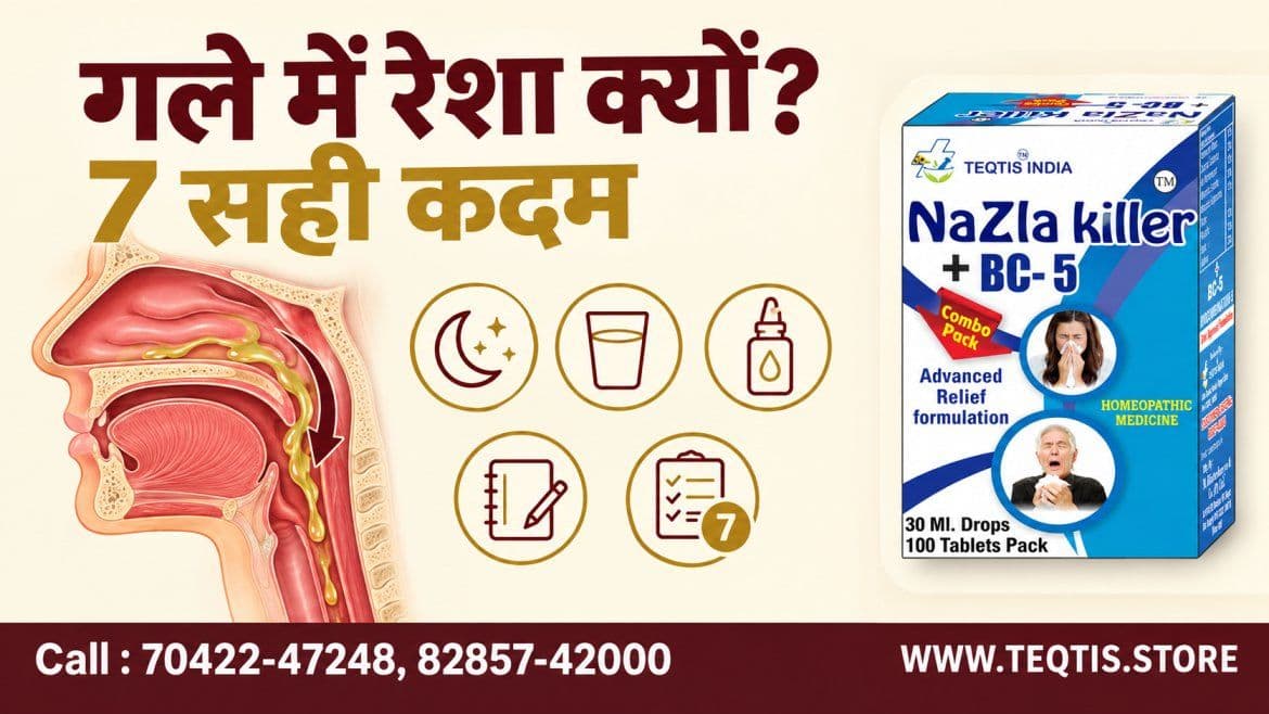गले में बार-बार रेशा — नाक से गले में उतरते बलगम का चित्र, रात की खाँसी के icons और Nazla Killer BC5 का पैक