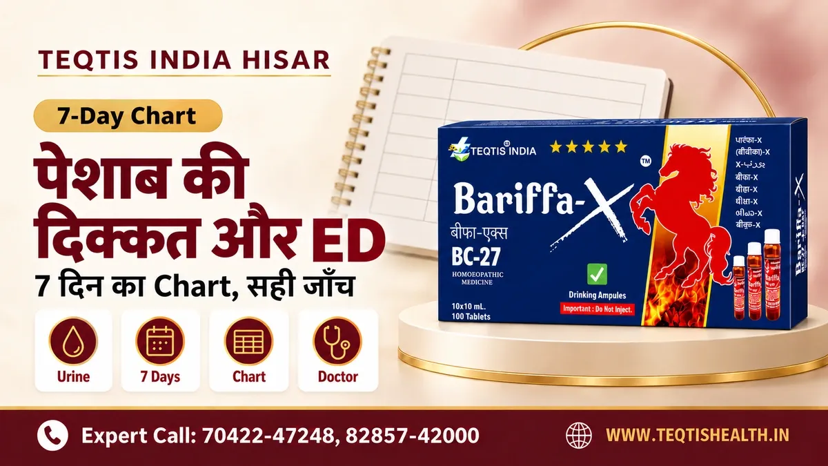 पेशाब की दिक्कत और ED के 7 दिन वाले Chart का चित्र: खुली Notebook के दो कॉलम, Urine, Chart, Doctor Icons और Product Pack