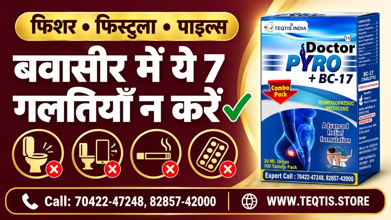 बवासीर में क्या नहीं करना चाहिए — टॉयलेट में ज़ोर, पॉटी रोकना और रोज़ जुलाब जैसी 7 बड़ी गलतियाँ, साथ में Doctor Pyro BC17 होम्योपैथिक combo