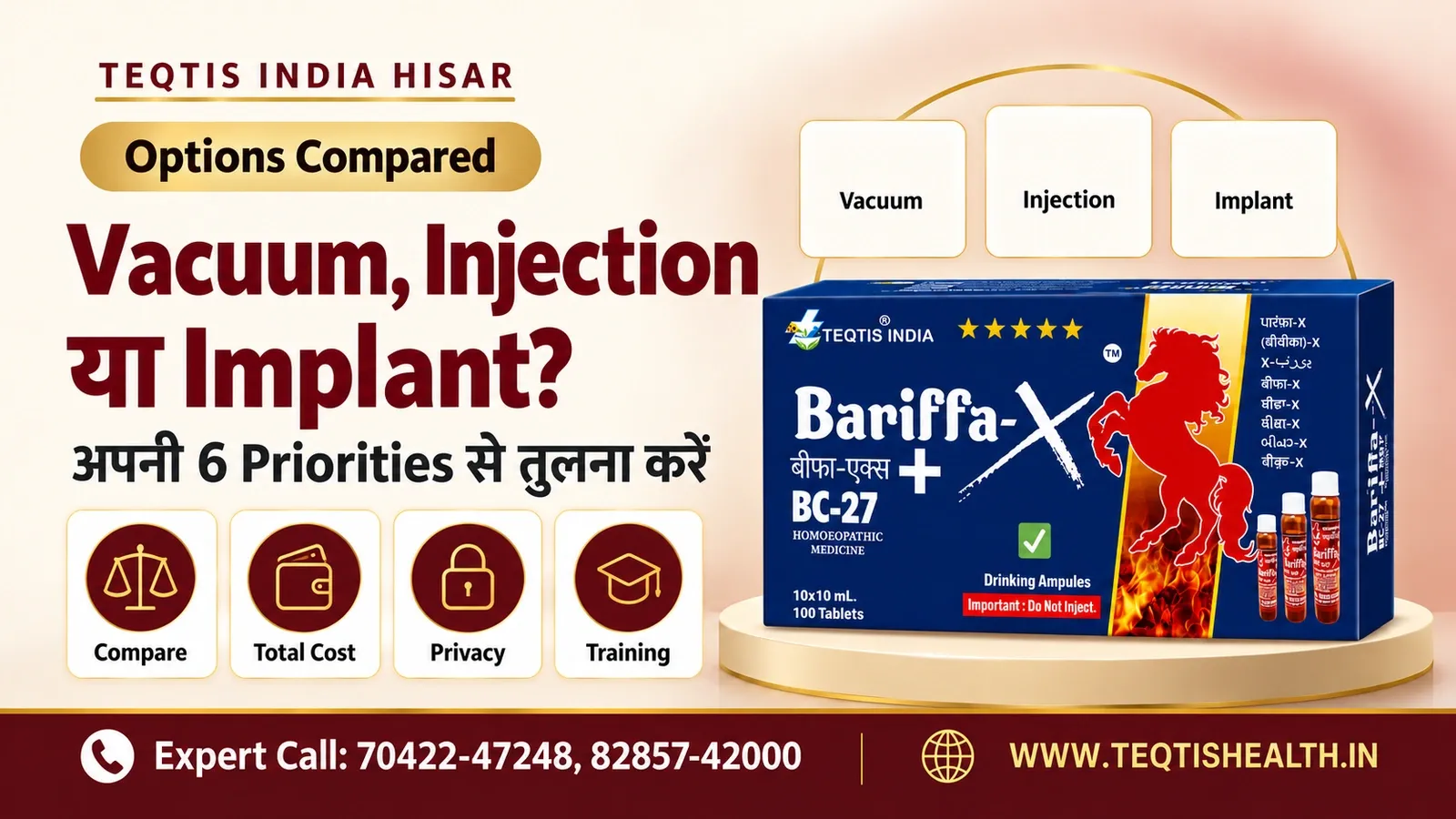 ED Vacuum Injection Implant Comparison: तीन Option Cards और Cost Sheet Icons के साथ Bariffa-X BC27 Pack